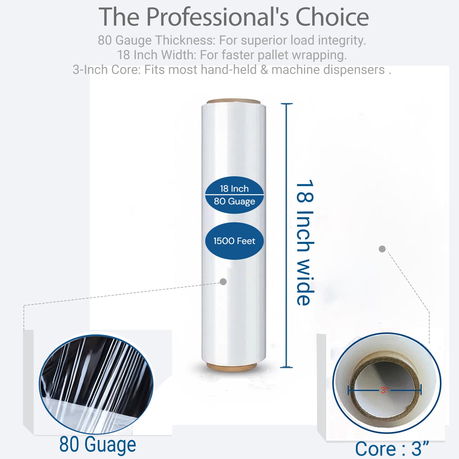 Película estirable transparente de 18" – 1500 pies, 80 micras | Film plástico para tarimas, almacén y mudanzas (paquete de 4 rollos)