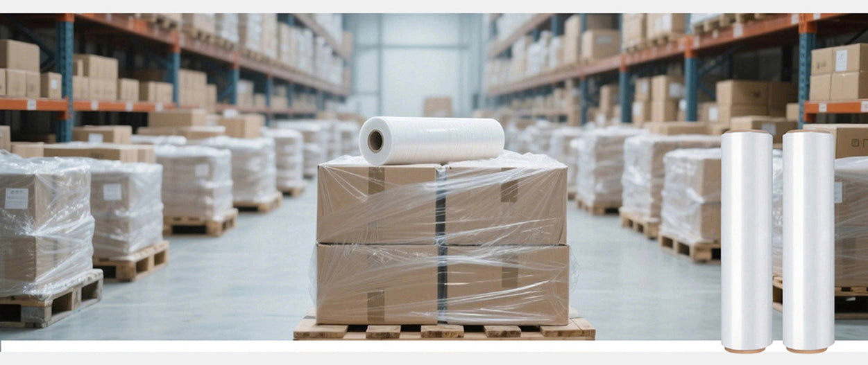 Clear stretch wrap film securing cardboard boxes on pallet in warehouse, with rolls of stretch film for packaging and shipping