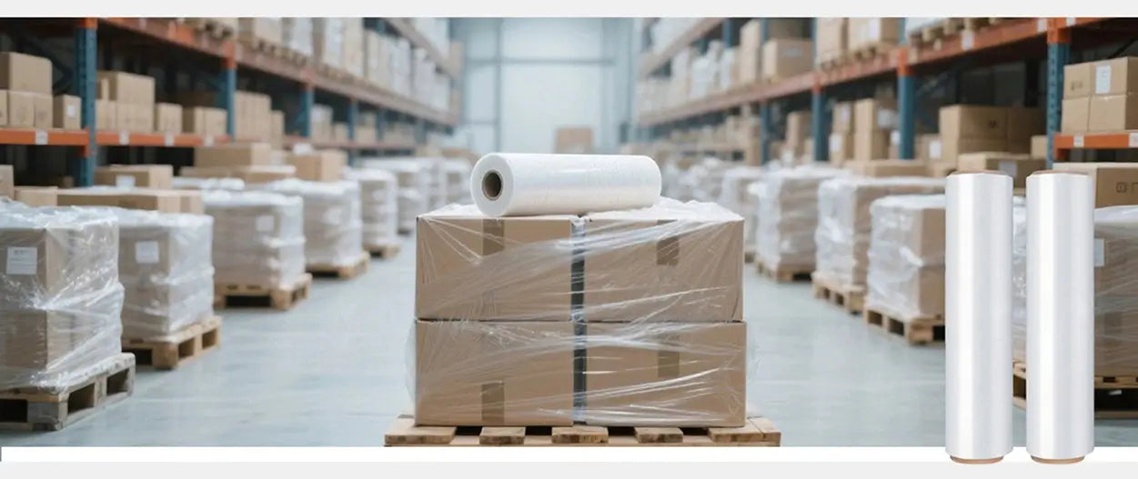 Stretch-wrapped pallets in a warehouse, example of industrial and logistics packaging.