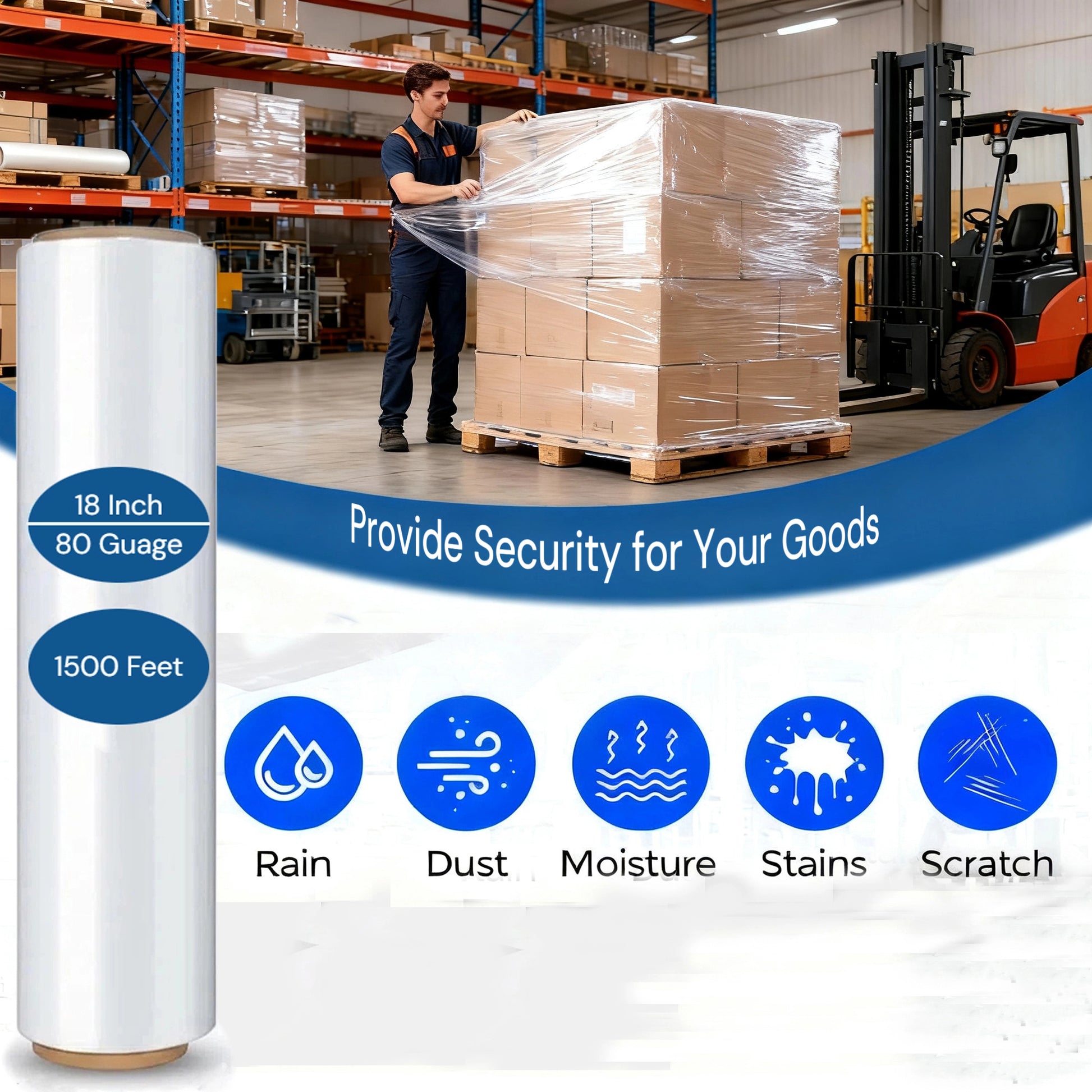 Película estirable transparente de 18" – 1500 pies, 80 micras | Film plástico para tarimas, almacén y mudanzas (paquete de 4 rollos)