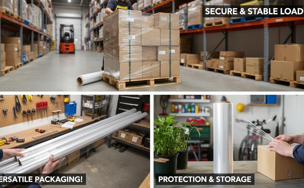 Película estirable transparente de 20" – 1500 pies, 80 micras | Film industrial ancho para tarimas y muebles a granel (paquete de 4 rollos)