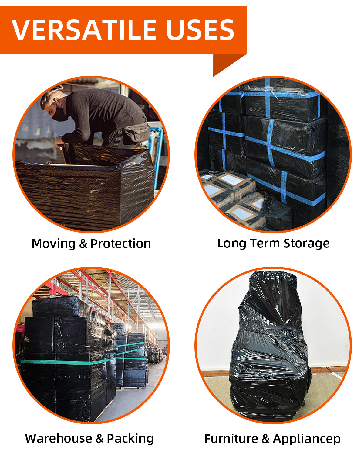 Película estirable negra de 18" – 1500 pies, 80 micras | Film industrial para tarimas a prueba de manipulaciones (paquete de 4 rollos)