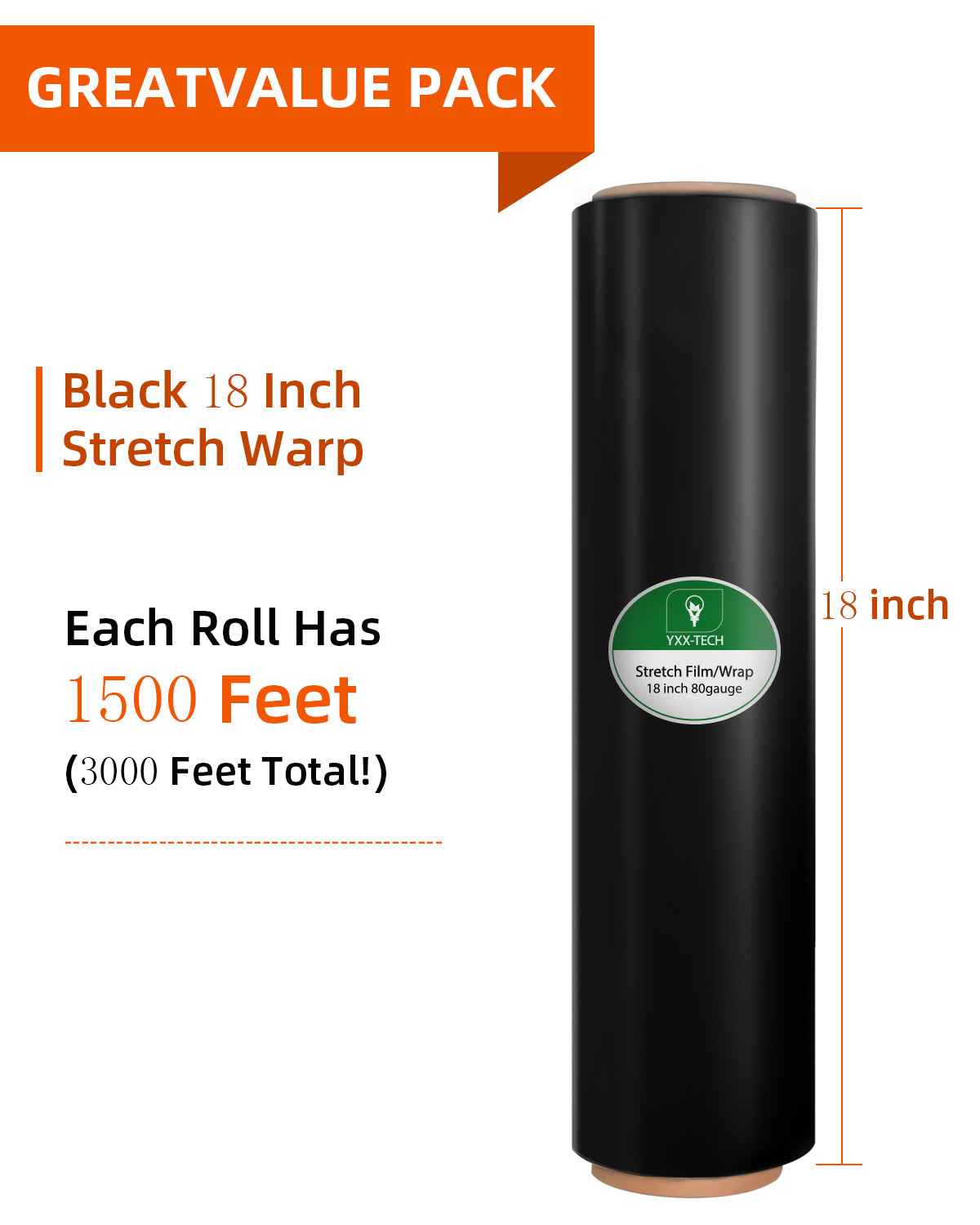 18 Inch Black Stretch Wrap - 1500ft, 80 Gauge | Industrial Tamper-Proof Pallet Film (4 Rolls)