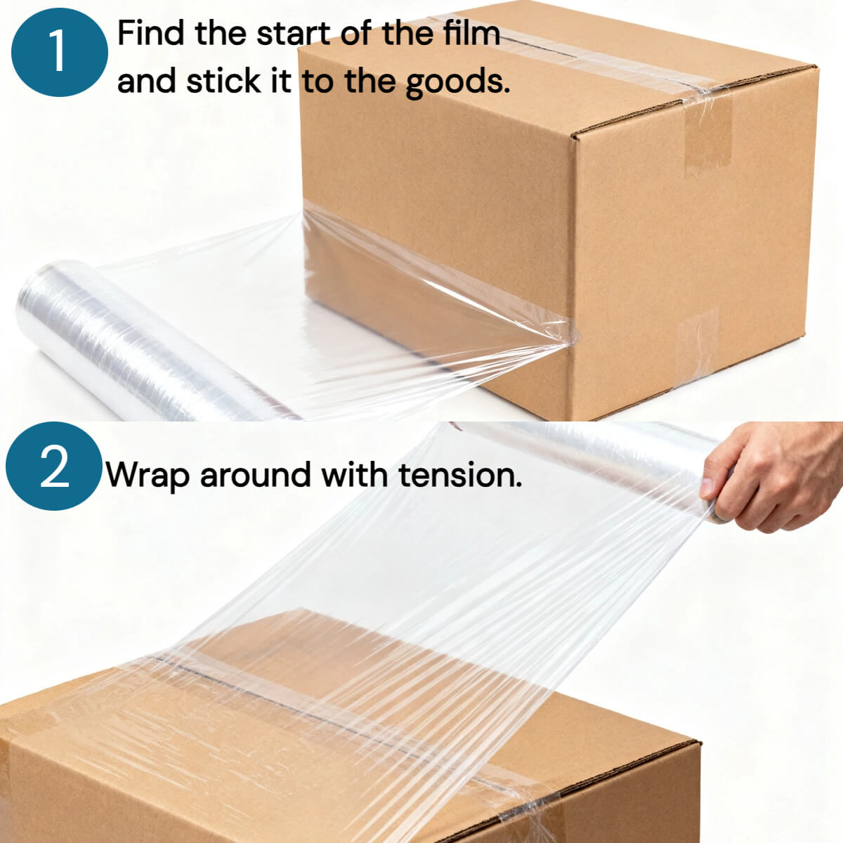 Two-step guide showing a worker finding the film start and wrapping pallets with tension using clear stretch wrap.