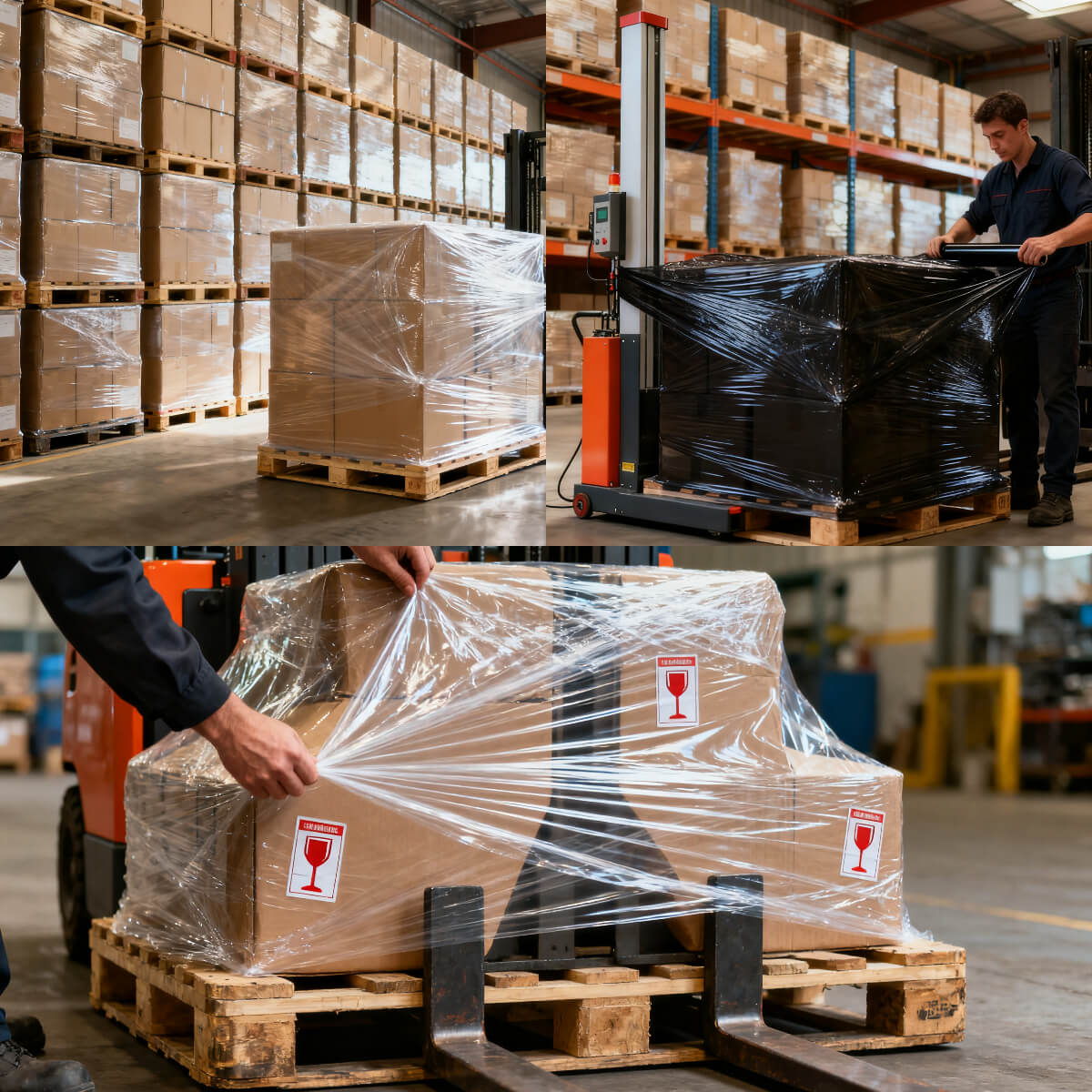 Workers wrapping industrial pallets with clear stretch film in a warehouse; durable plastic wrap securing heavy boxes and machinery for shipping.
