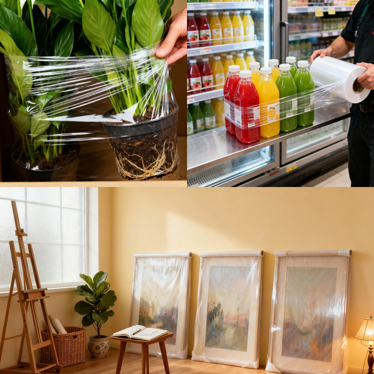 Plastic stretch film used to cover garden plants, protect retail goods, and shield artwork in a studio environment.