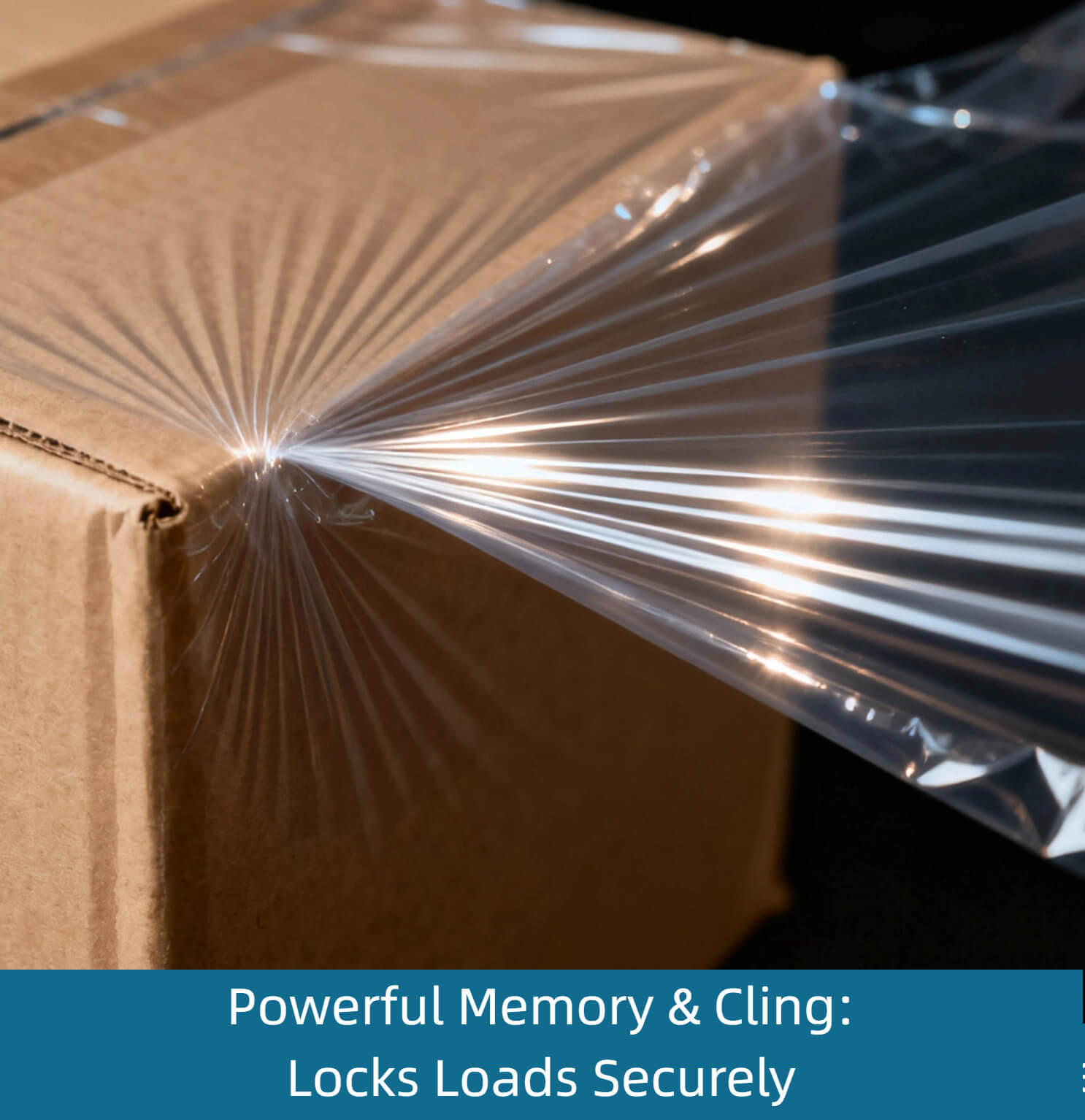Demonstration of plastic stretch film showing self-adhesive cling and strong memory effect, keeping tight hold around wrapped pallets.
