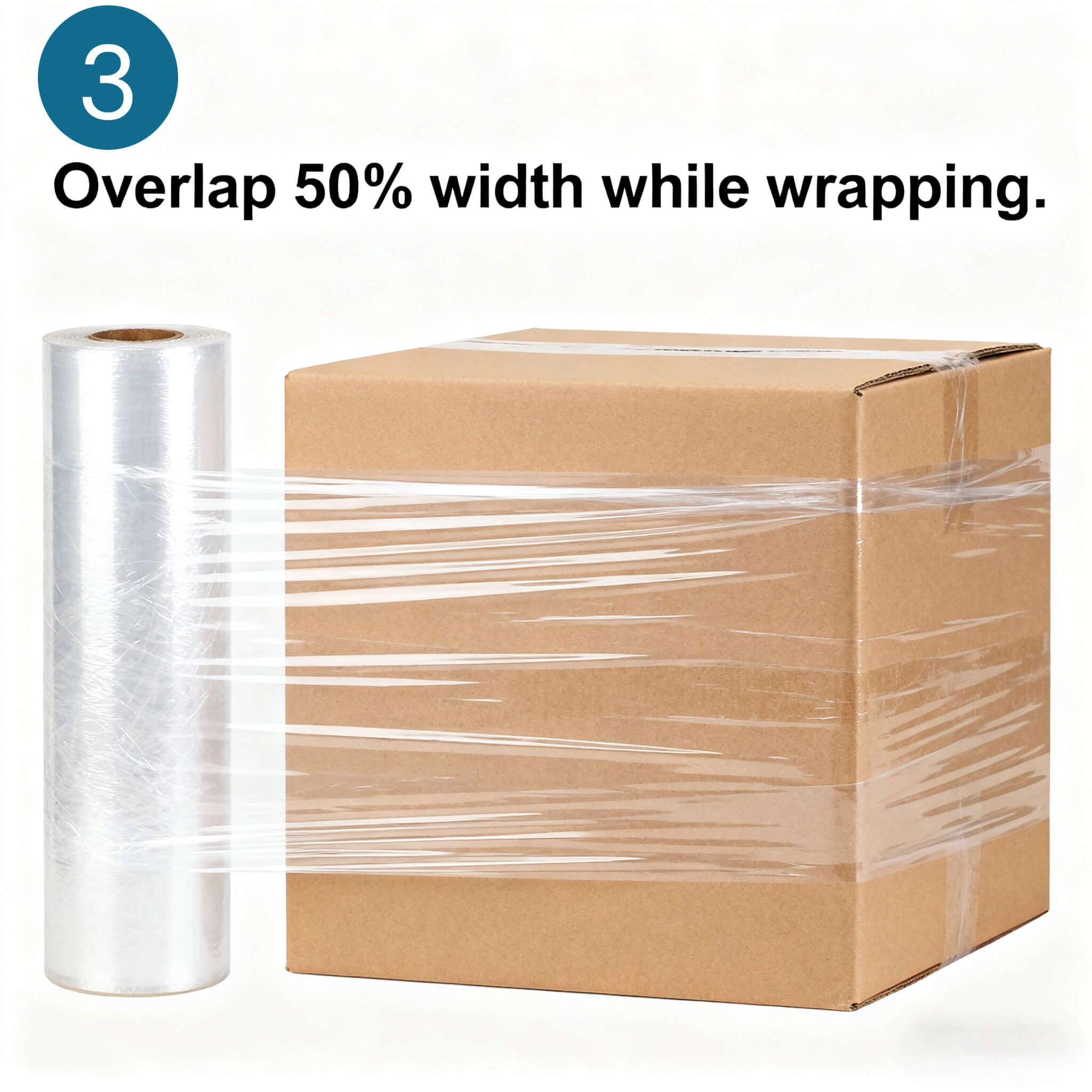 Demonstration of overlapping stretch film layers by 50 percent width during pallet wrapping for strong coverage.