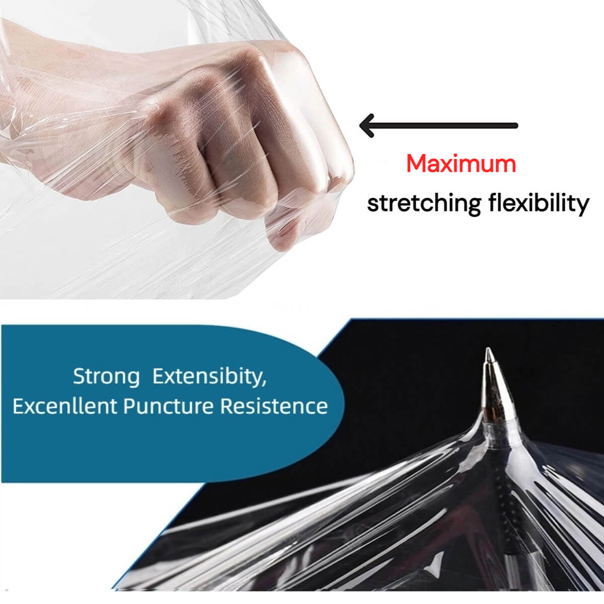 Close-up of clear stretch film being pulled to show high elasticity and strong puncture resistance against sharp edges.
